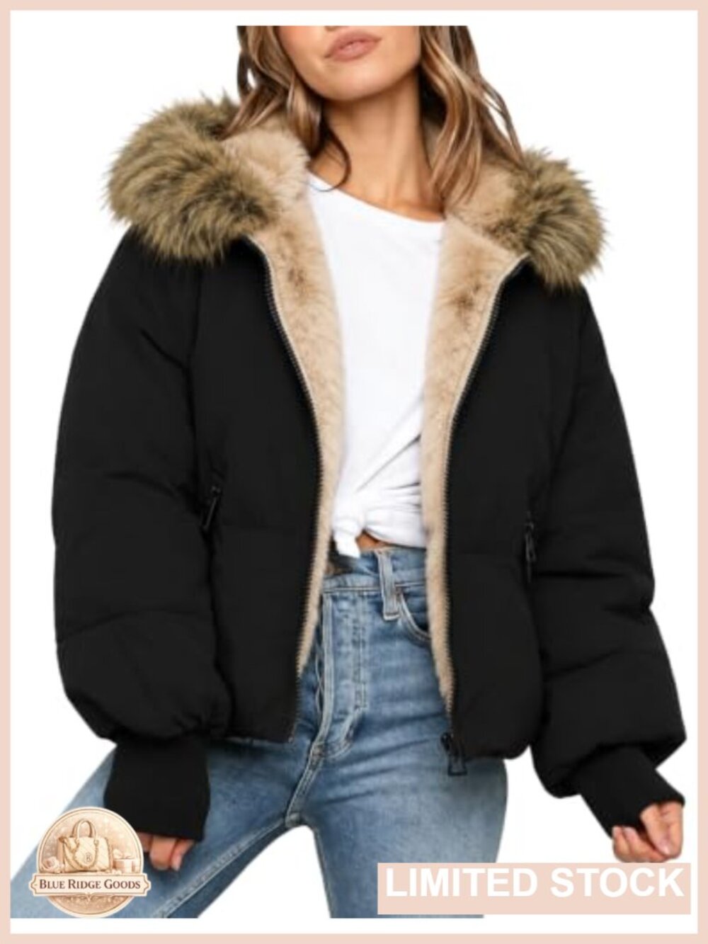 Women's Cropped Puffer Jacket Quilted Faux Fur Hood Sherpa Lined Winter Coat